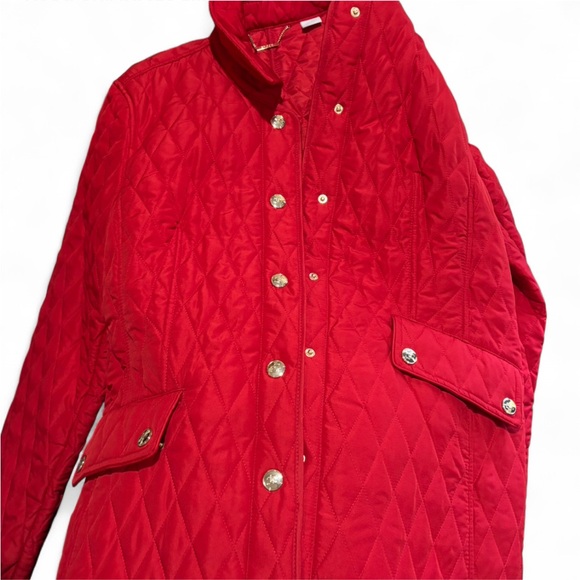 Chicos Red Quilted Mid Length Jacket Womens Size 1 (US 8/10) with gold accents. - Picture 5 of 5